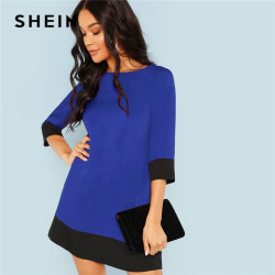 SHEIN Blue Going Out Contrast Trim Tunic Three Quarter Length Sleeve Shift Colorblock Dress Autumn Modern Lady Women Dresses