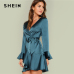 SHEIN Blue Party Elegant Sexy Split Back Ruffle Trim Overlap Front Belted Deep V Neck High Waist Solid Autumn Dress For Women