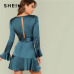 SHEIN Blue Party Elegant Sexy Split Back Ruffle Trim Overlap Front Belted Deep V Neck High Waist Solid Autumn Dress For Women