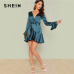 SHEIN Blue Party Elegant Sexy Split Back Ruffle Trim Overlap Front Belted Deep V Neck High Waist Solid Autumn Dress For Women