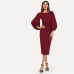 SHEIN Burgundy Elegant Office Lady Tie Waist Long Lantern Sleeve Natural Waist Solid Dress Autumn Women Streetwear Dresses