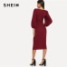 SHEIN Burgundy Elegant Office Lady Tie Waist Long Lantern Sleeve Natural Waist Solid Dress Autumn Women Streetwear Dresses