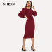 SHEIN Burgundy Elegant Office Lady Tie Waist Long Lantern Sleeve Natural Waist Solid Dress Autumn Women Streetwear Dresses