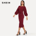 SHEIN Burgundy Elegant Office Lady Tie Waist Long Lantern Sleeve Natural Waist Solid Dress Autumn Women Streetwear Dresses