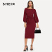 SHEIN Burgundy Elegant Office Lady Tie Waist Long Lantern Sleeve Natural Waist Solid Dress Autumn Women Streetwear Dresses