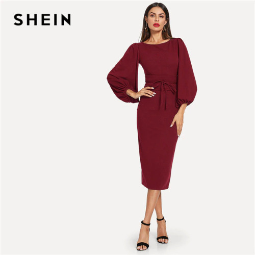 SHEIN Burgundy Elegant Office Lady Tie Waist Long Lantern Sleeve Natural Waist Solid Dress Autumn Women Streetwear Dresses