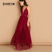 SHEIN Burgundy Plunging Neck Crisscross Back Cami Dress Maxi Plain Sexy Night Out Dress Autumn Modern Lady Women Party Dresses