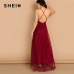 SHEIN Burgundy Plunging Neck Crisscross Back Cami Dress Maxi Plain Sexy Night Out Dress Autumn Modern Lady Women Party Dresses