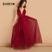 SHEIN Burgundy Plunging Neck Crisscross Back Cami Dress Maxi Plain Sexy Night Out Dress Autumn Modern Lady Women Party Dresses