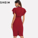 SHEIN Burgundy Red High Waist Vintage Ruffle Sleeve Lady Bodycon Dress 2018 Elegant Retro Party Lace Eyelet Hem Slit Dresses New