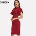 SHEIN Burgundy Red High Waist Vintage Ruffle Sleeve Lady Bodycon Dress 2018 Elegant Retro Party Lace Eyelet Hem Slit Dresses New