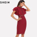 SHEIN Burgundy Red High Waist Vintage Ruffle Sleeve Lady Bodycon Dress 2018 Elegant Retro Party Lace Eyelet Hem Slit Dresses New