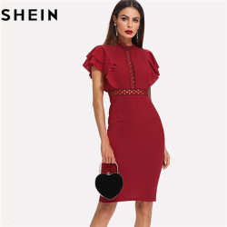 SHEIN Burgundy Red High Waist Vintage Ruffle Sleeve Lady Bodycon Dress 2018 Elegant Retro Party Lace Eyelet Hem Slit Dresses New