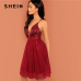 SHEIN Burgundy Sexy Party Backless Sequin Detail Mesh Halter High Waist Solid Dress 2018 Summer Club Fashion Women Dresses