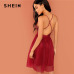 SHEIN Burgundy Sexy Party Backless Sequin Detail Mesh Halter High Waist Solid Dress 2018 Summer Club Fashion Women Dresses