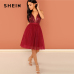 SHEIN Burgundy Sexy Party Backless Sequin Detail Mesh Halter High Waist Solid Dress 2018 Summer Club Fashion Women Dresses