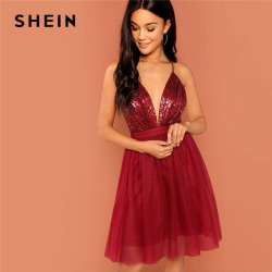 SHEIN Burgundy Sexy Party Backless Sequin Detail Mesh Halter High Waist Solid Dress 2018 Summer Club Fashion Women Dresses