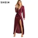 SHEIN Burgundy Sexy Party Dress Satin Front Twist Wrap Dress Lapel Deep V Neck Long Sleeve Split Maxi Shirt Dress