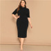 SHEIN Classy Black Plus Size Mock-neck Solid Pencil Slim Dress Women Spring Office Lady Bodycon Basics Plus Size Long Dresses