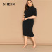 SHEIN Classy Black Plus Size Mock-neck Solid Pencil Slim Dress Women Spring Office Lady Bodycon Basics Plus Size Long Dresses