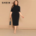 SHEIN Classy Black Plus Size Mock-neck Solid Pencil Slim Dress Women Spring Office Lady Bodycon Basics Plus Size Long Dresses