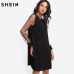 SHEIN Elegant Womens Dresses Pearl Beading Mesh Sleeve Tunic Dress Autumn Black Boat Neck Long Sleeve A Line Dress