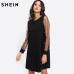 SHEIN Elegant Womens Dresses Pearl Beading Mesh Sleeve Tunic Dress Autumn Black Boat Neck Long Sleeve A Line Dress