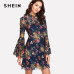 SHEIN Flower Print Swing A Line Summer Dress Long Sleeve Spring Multicolor Floral Calico Print Keyhole Back Bell Sleeve Dress