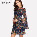 SHEIN Flower Print Swing A Line Summer Dress Long Sleeve Spring Multicolor Floral Calico Print Keyhole Back Bell Sleeve Dress