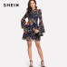 SHEIN Flower Print Swing A Line Summer Dress Long Sleeve Spring Multicolor Floral Calico Print Keyhole Back Bell Sleeve Dress