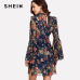 SHEIN Flower Print Swing A Line Summer Dress Long Sleeve Spring Multicolor Floral Calico Print Keyhole Back Bell Sleeve Dress