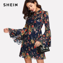 SHEIN Flower Print Swing A Line Summer Dress Long Sleeve Spring Multicolor Floral Calico Print Keyhole Back Bell Sleeve Dress