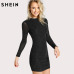 SHEIN Glitter Form Fitting Tee Dress Black Women Dress Long Sleeve Sexy Bodycon Dress Autumn Elegant T-shirt Dress