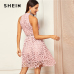 SHEIN Going Out Pink Party Halter Neck Lace Skater Sleeveless Halter Short Dress Summer Modern Lady Casual Women Dresses