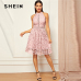 SHEIN Going Out Pink Party Halter Neck Lace Skater Sleeveless Halter Short Dress Summer Modern Lady Casual Women Dresses