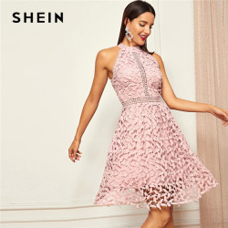 SHEIN Going Out Pink Party Halter Neck Lace Skater Sleeveless Halter Short Dress Summer Modern Lady Casual Women Dresses