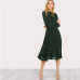 SHEIN Green Elegant Party Mock Neck Glitter Button Fit And Flare Solid Natural Waist Dress 2018 Autumn Minimalist Women Dresses