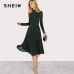 SHEIN Green Elegant Party Mock Neck Glitter Button Fit And Flare Solid Natural Waist Dress 2018 Autumn Minimalist Women Dresses