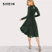 SHEIN Green Elegant Party Mock Neck Glitter Button Fit And Flare Solid Natural Waist Dress 2018 Autumn Minimalist Women Dresses