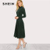 SHEIN Green Elegant Party Mock Neck Glitter Button Fit And Flare Solid Natural Waist Dress 2018 Autumn Minimalist Women Dresses