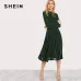 SHEIN Green Elegant Party Mock Neck Glitter Button Fit And Flare Solid Natural Waist Dress 2018 Autumn Minimalist Women Dresses