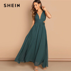 SHEIN Green Plunge Neck Crisscross Waist Ball Dress Elegant Plain Fit and Flare Dress Women Autumn Modern Lady Party Dresses