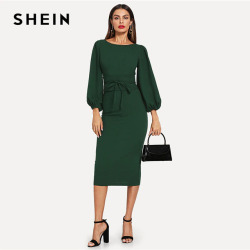 SHEIN Green Tie Waist Lantern Sleeve Dress Elegant Party Boat Neck Pencil Dresses Women Zipper Knot Sheath Autumn Dress