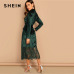 SHEIN Green Waist Belted Mock-Neck Velvet Dress Long Sleeve Lace Hem Solid Dress Casual Elegant Women Autumn Modern Lady Dresses