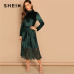 SHEIN Green Waist Belted Mock-Neck Velvet Dress Long Sleeve Lace Hem Solid Dress Casual Elegant Women Autumn Modern Lady Dresses