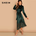 SHEIN Green Waist Belted Mock-Neck Velvet Dress Long Sleeve Lace Hem Solid Dress Casual Elegant Women Autumn Modern Lady Dresses