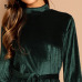 SHEIN Green Waist Belted Mock-Neck Velvet Dress Long Sleeve Lace Hem Solid Dress Casual Elegant Women Autumn Modern Lady Dresses