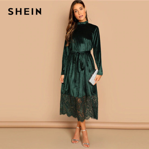 SHEIN Green Waist Belted Mock-Neck Velvet Dress Long Sleeve Lace Hem Solid Dress Casual Elegant Women Autumn Modern Lady Dresses