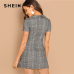 SHEIN Grey 100% Cotton Peter-Pan-Collar Plaid Short Sheath Short Sleeve Flared Dress Autumn Elegant Modern Lady Women Dresses