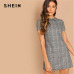 SHEIN Grey 100% Cotton Peter-Pan-Collar Plaid Short Sheath Short Sleeve Flared Dress Autumn Elegant Modern Lady Women Dresses